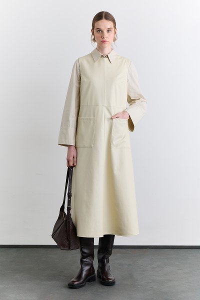 CEP DETAYLI DERİ ELBİSE VANİLYA 