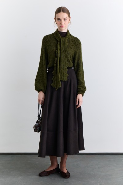 KUP DETAYLI GENİŞ ETEK KAHVERENGİ 