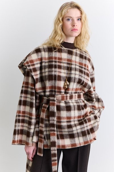 PLAID PONCHO WITH SHAWL DETAIL BROWN 