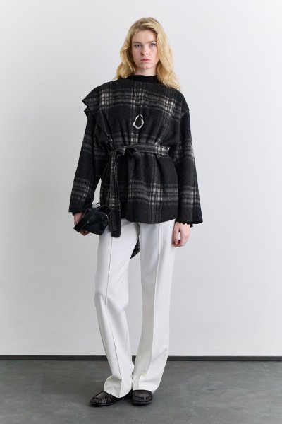 PLAID PONCHO WITH SHAWL DETAIL ANTHRACITE 