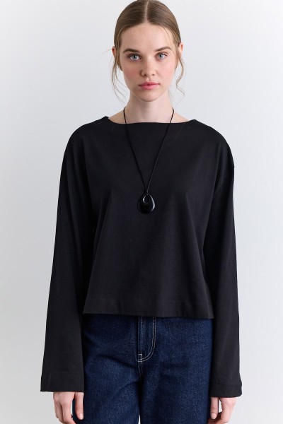 KAYIK YAKA UZUN KOL TSHIRT SİYAH 