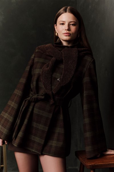 GENİŞ KOL KUŞAKLI CEKET EKOSE 