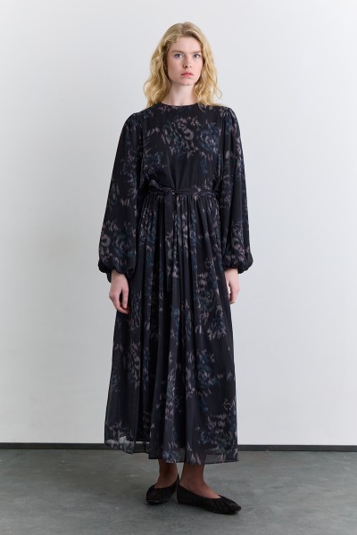 GENİŞ KOL DESENLİ ELBİSE FLORAL BRUSH 