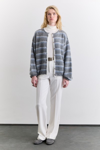SOFT TEXTURED BUTTONED CARDIGAN GREY STRIPED 
