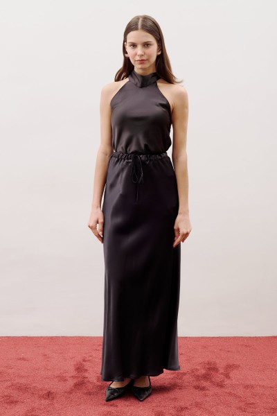 WAIST-ADJUSTABLE SATIN SKIRT BLACK 