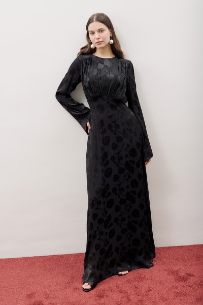 JAKARLI SATEN ABİYE ELBİSE SİYAH 