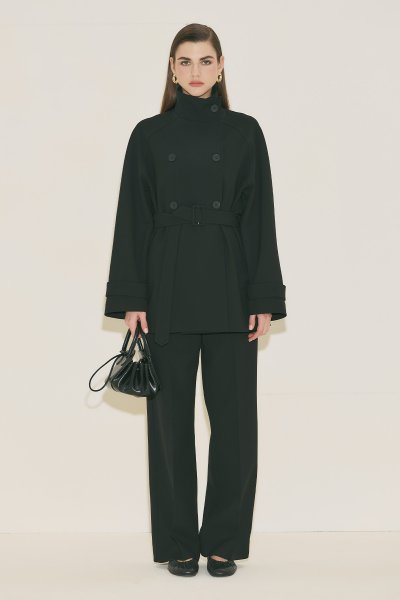 YÜKSEK YAKA KEMERLİ TRENÇKOT SİYAH 