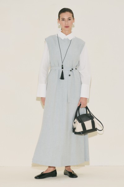 PREMIUM KEMER DETAYLI ELBİSE MAVİ