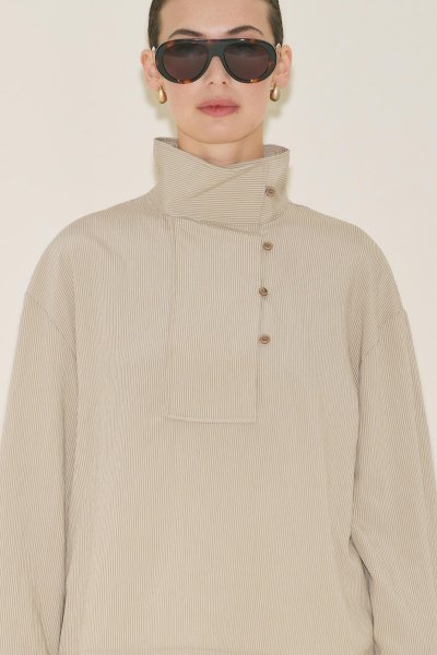 GENİŞ YAKA ÇİZGİLİ BLUZ BEJ 