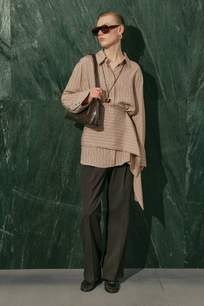 KEMER DETAYLI ÇİZGİLİ GÖMLEK KİREMİT 