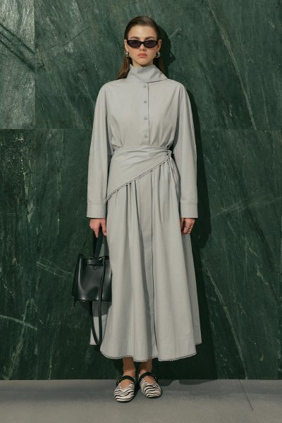 ÖNÜ DÜĞMELİ POPLİN ETEK MAVİ