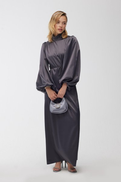 BALON KOL SATEN ABİYE ELBİSE ANTRASİT 