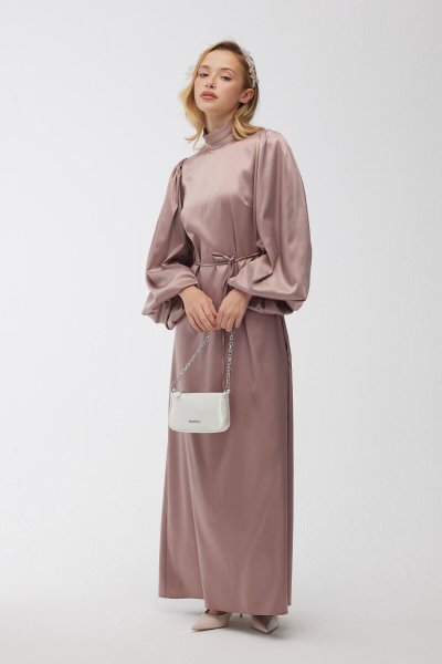 BALON KOL SATEN ABİYE ELBİSE SOĞUK PEMBE 