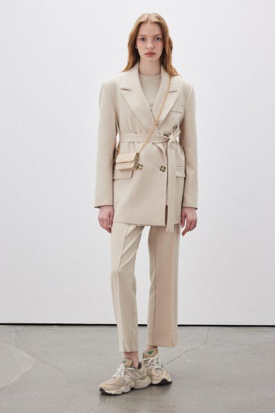 STRAIGHT CUT FABRIC PANTS DARK BEIGE 