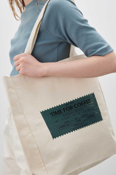 BASKILI KÖRÜKLÜ BEZ ÇANTA TIME FOR COFFEE 