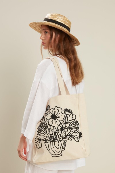 BASKILI KÖRÜKLÜ BEZ ÇANTA FLOWER-SİYAH 