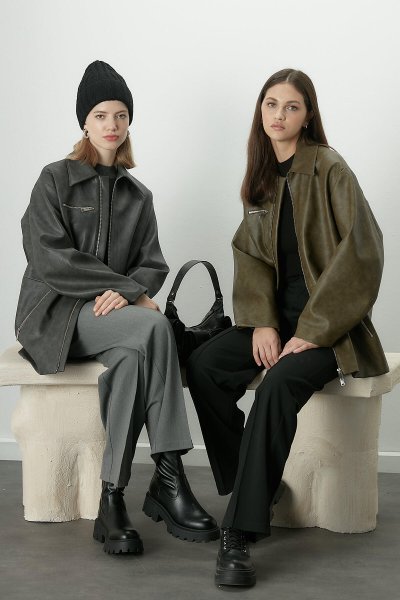 ESKİTME EFEKTLİ DERİ CEKET ANTRASİT 