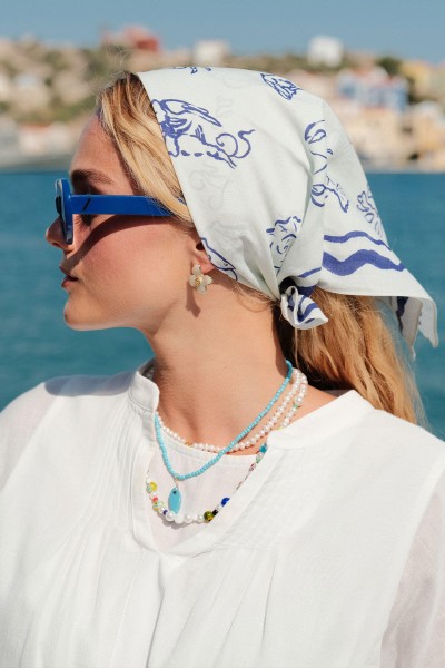 PATTERNED COTTON SCARF SHELLFISH BLUE 