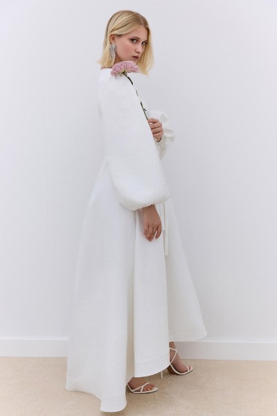 JACQUARD TAILED EVENING DRESS ECRU 