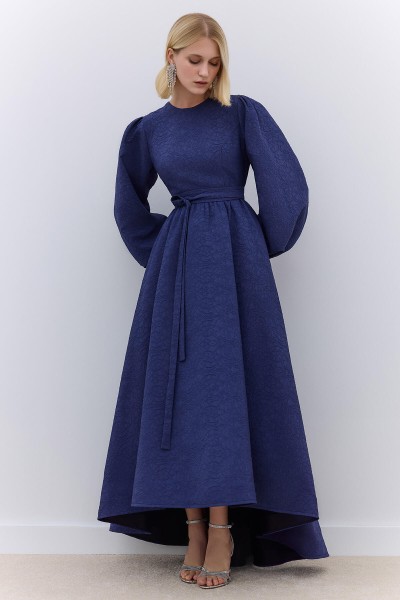 JACQUARD TRAINED EVENING DRESS NIGHT BLUE 