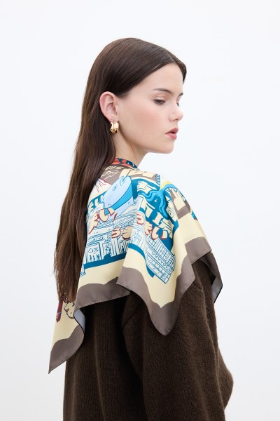 DESENLİ SATEN BOYUN FULARI JAPANESE CULTURE- KAHVE 