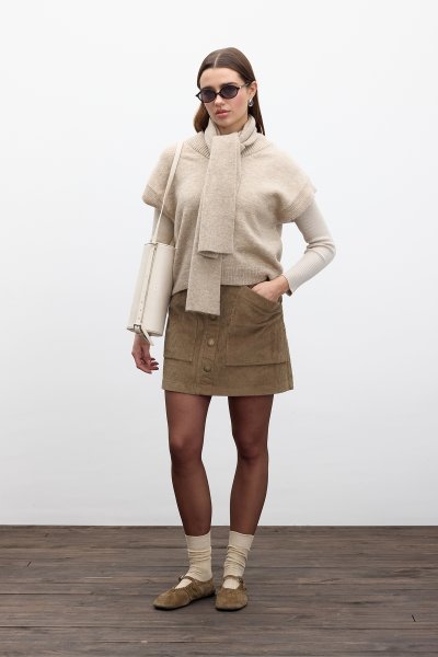 RIBBED VELVET MINI SKIRT CAMEL 