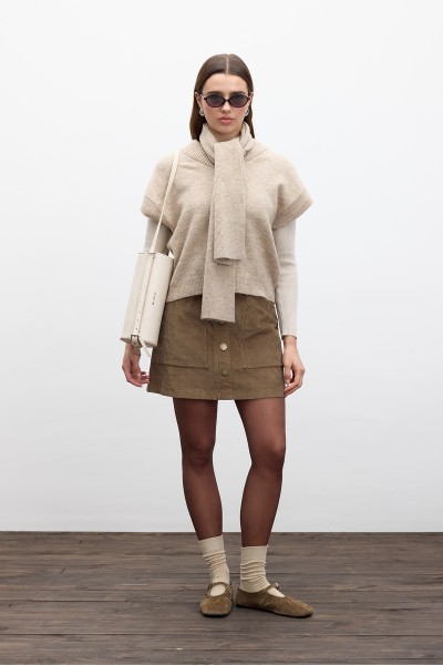 DÜZ ÖRGÜ ATKILI TRİKO SÜVETER BEJ 