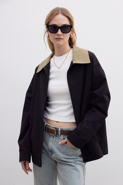 KONTRAST YAKALI GABARDİN CEKET SİYAH 