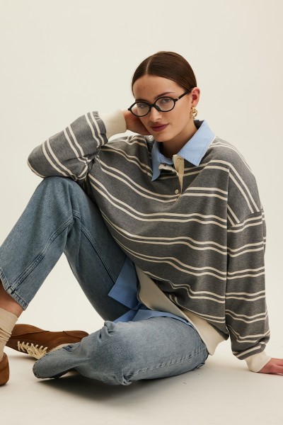 POLO YAKA OVERSIZE SWEATSHIRT GRİ 