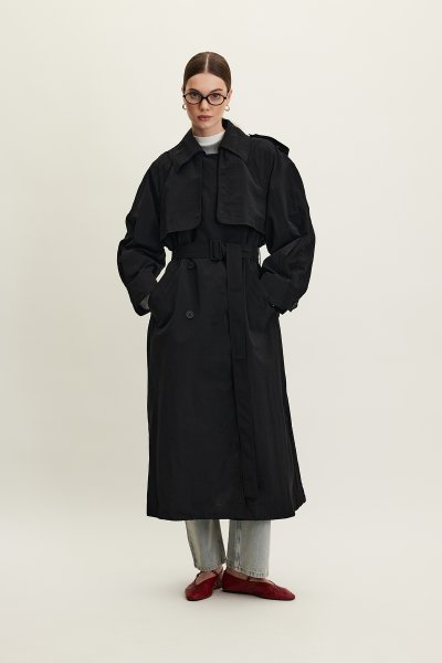 TECHNICAL FABRIC OVERSIZE TRENCH COAT BLACK 