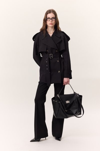 DOUBLE BREASTED SHORT TRENCH COAT BLACK 