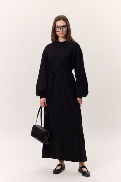 BALON KOLLU UZUN RAHAT ELBİSE SİYAH 