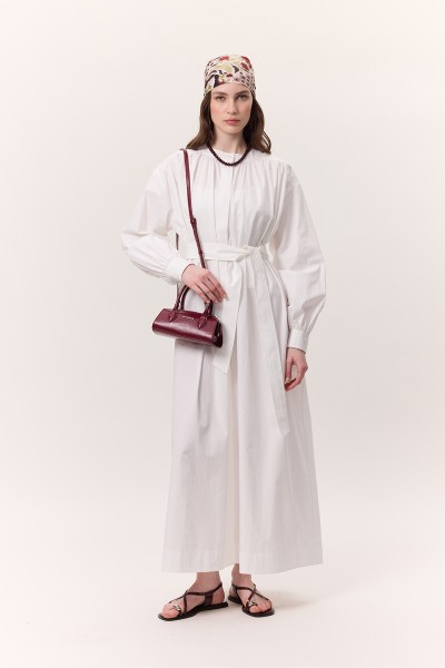 BÜZGÜ DETAYLI GENİŞ GÖMLEK ELBİSE EKRU 