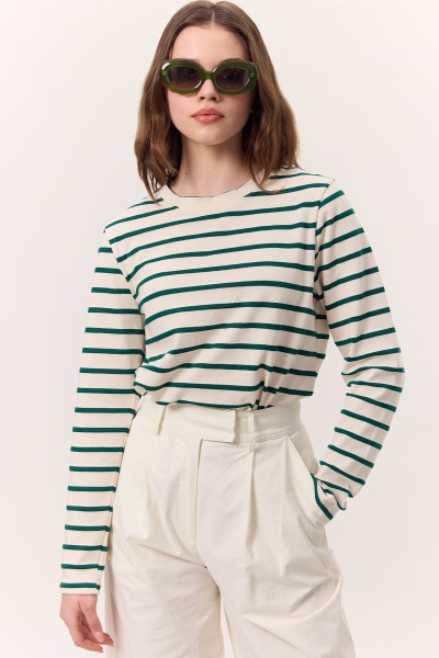 ÇİZGİLİ UZUN KOL REGULAR FIT TSHIRT YEŞİL 