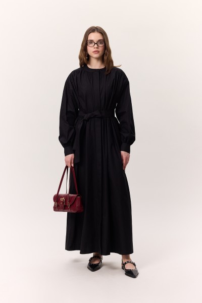 BÜZGÜ DETAYLI GENİŞ GÖMLEK ELBİSE SİYAH 