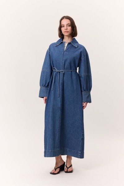 MANŞET DETAYLI DENIM ELBİSE KOYU MAVİ 