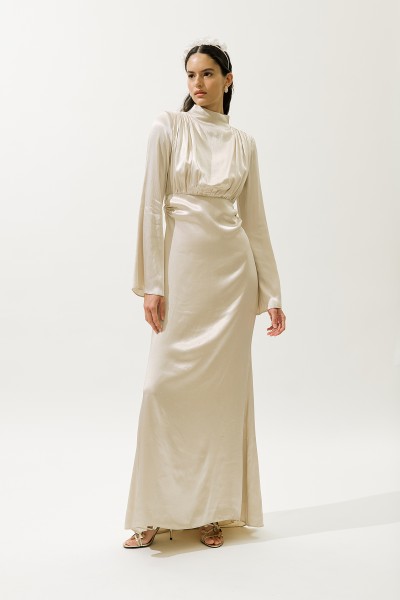 MILA TAŞLI ABİYE ELBİSE BEJ 