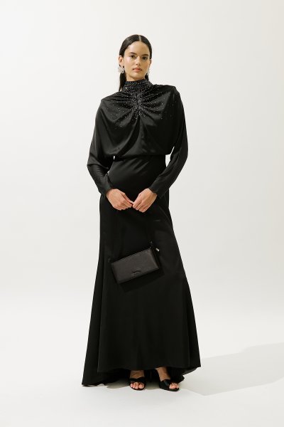 L'AMOUR TAŞLI ABİYE ELBİSE SİYAH 