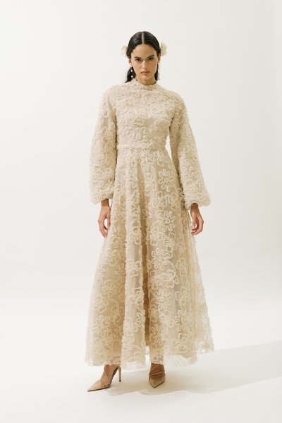 KABARIK ÇİÇEKLİ UZUN KOL ABİYE ELBİSE İNCİ 