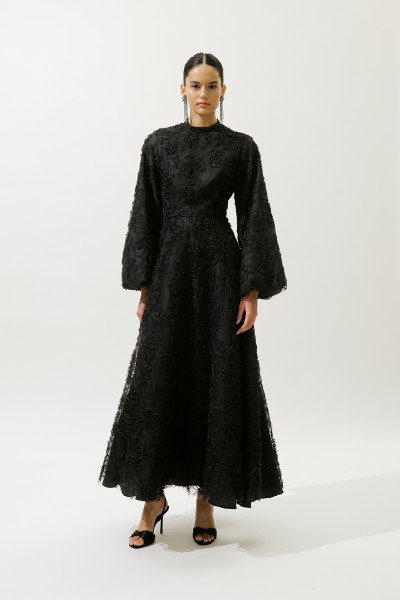 KABARIK ÇİÇEKLİ UZUN KOL ABİYE ELBİSE SİYAH 