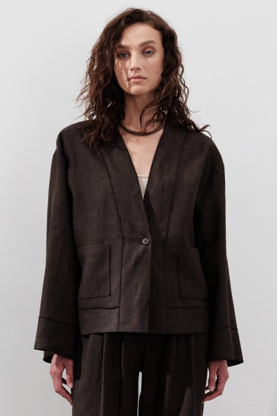LINEN SINGLE BUTTONED BLOUSE BITTER COFFEE 