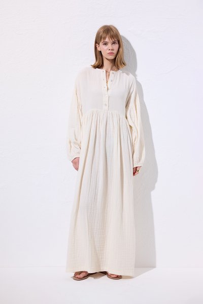 MUSLIN BUTTONED CASUAL DRESS BEIGE 