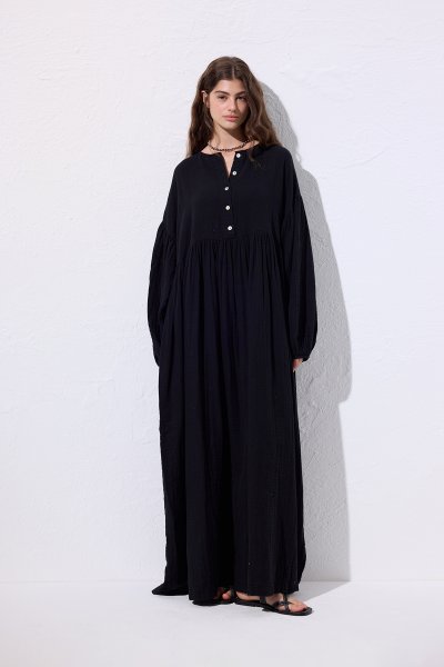 MUSLIN BUTTONED CASUAL DRESS BLACK 