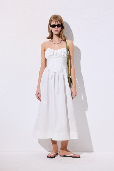 BÜZGÜLÜ KORSAJLI ELBİSE EKRU 