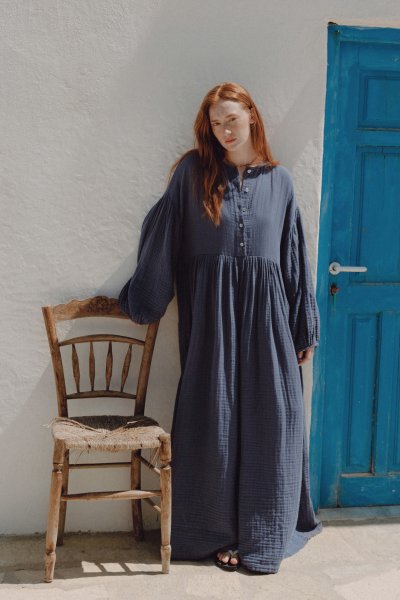 MUSLIN BUTTONED CASUAL DRESS INDIGO 