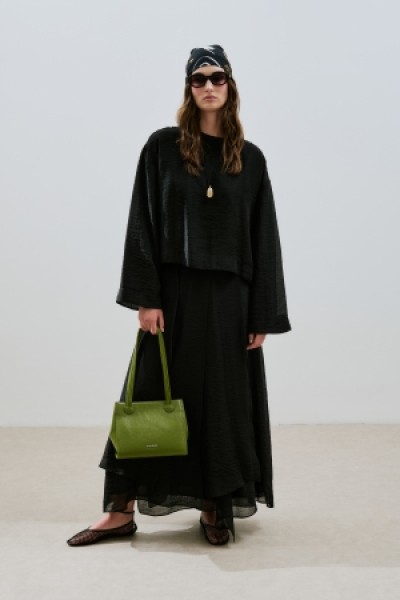 FOLDED FRILLED LONG SKIRT BLACK 