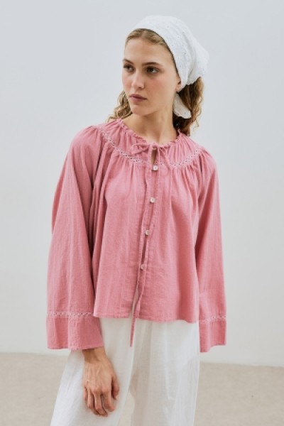 DOKULU İŞLEMELİ KISA BLUZ PEMBE 