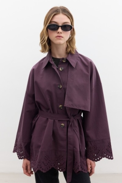 EMBROIDERY DETAIL DESIGN TRENCH COAT PLUM 