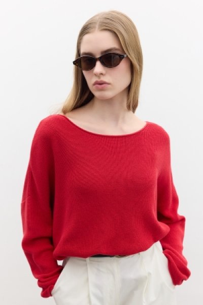 OVERSIZE DRAWN COTTON SWEATER RED 