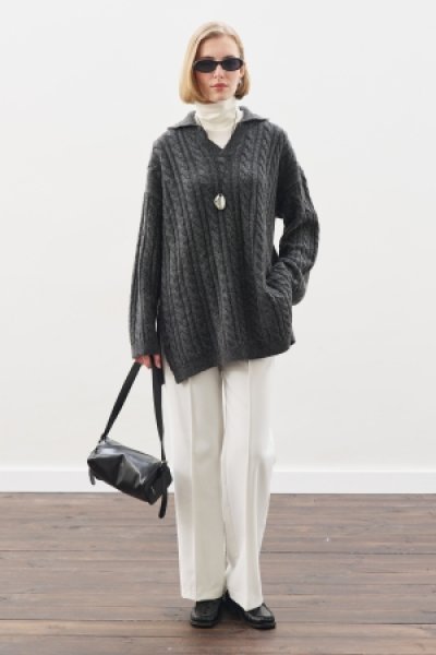 COLLARED HAIR KNIT SWEATER ANTHRACITE 
